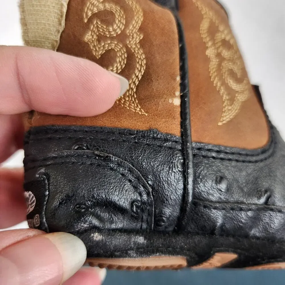 DBL Barrel Faux Ostrich Black Western Infant Boots Hook & Loop Closure